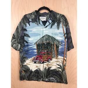 Kalaheo Made in Hawaii Vintage Woody Car Scenic Hawaiian Shirt Large